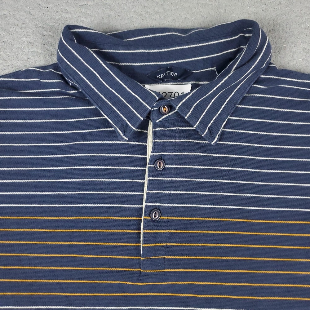 Nautica Polo Shirt Mens XL Blue White Yellow Striped Casual Short Sleeve Regular